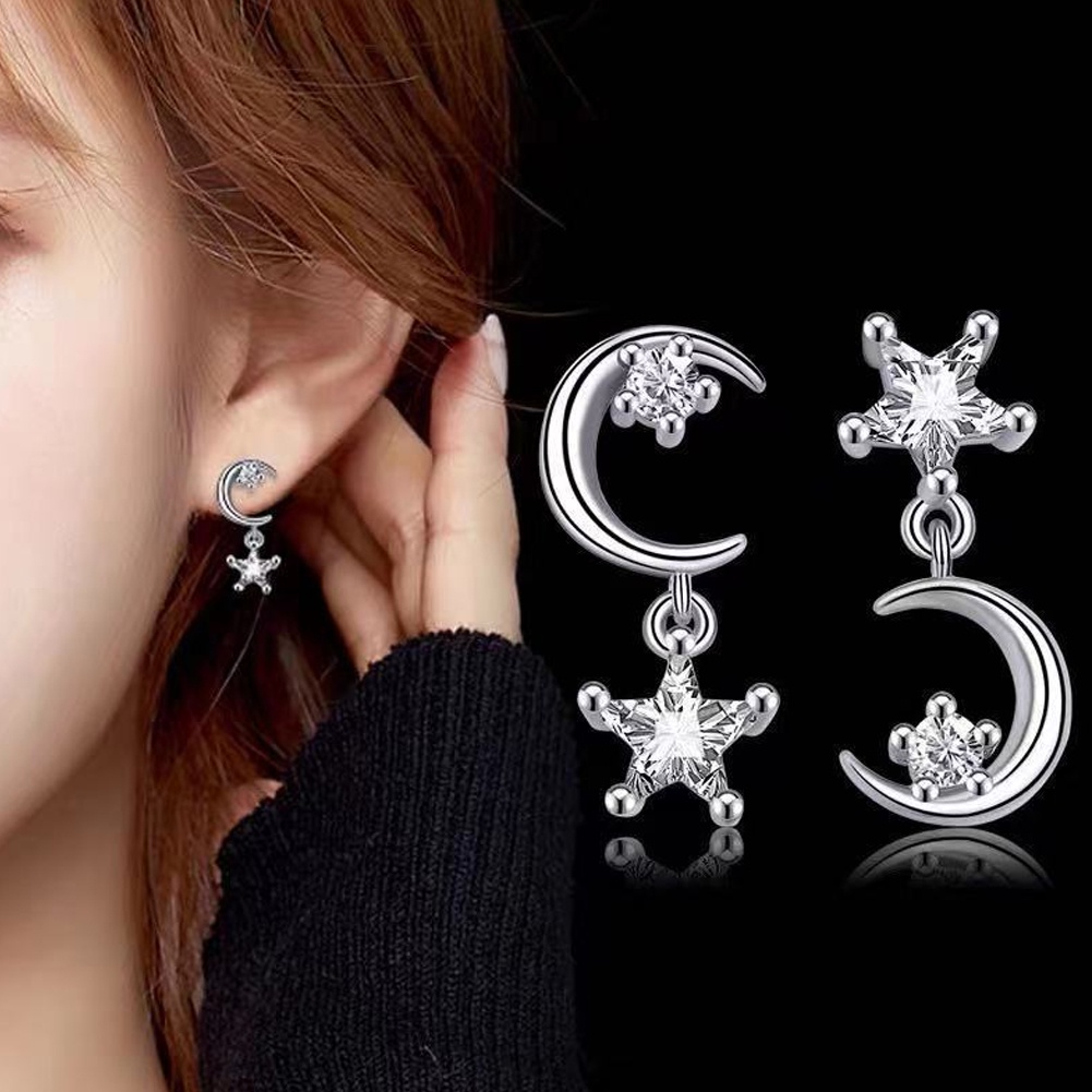 Anting Bentuk Bintang Dan Bulan Aksen zircon Untuk Wanita