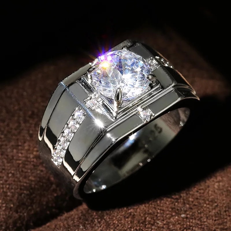 Cincin Pria Perak Berlian Cubic Zirconia Mewah Casual Wedding Ring