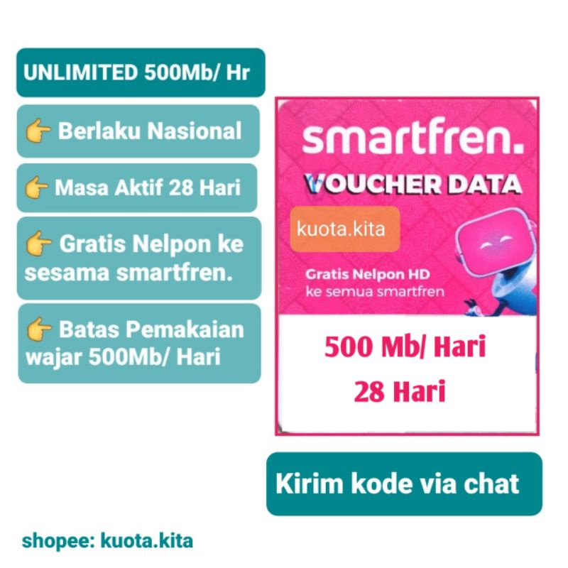 (KIRIM KODE VIA CHAT) VOUCHER SMARTFREN UNLIMITED LITE 500 MB 28 HARI KUOTA SMARTFREN 28HARI/ PAKET 