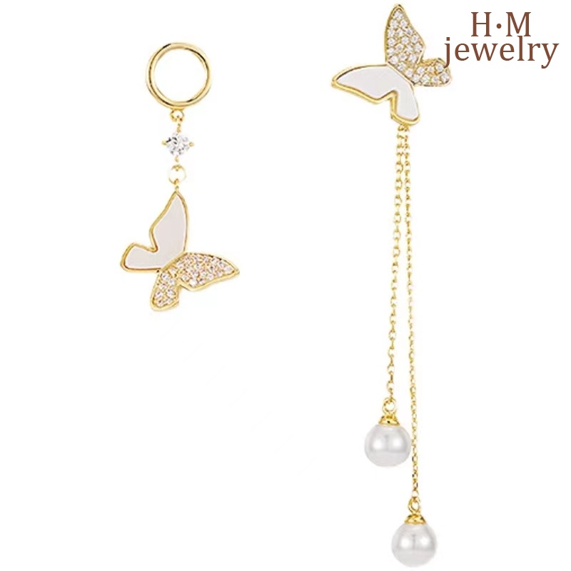 Anting Gantung Panjang Asimetris Model Kupu-Kupu Dengan Mutiara Untuk Wanita Butterfly