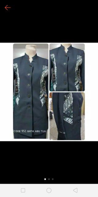 Set Blazer Baju Kerja Wanita Cewek Modern Shanghai Mix Batik Abu Tua Seragam Kantor Formal Resmi