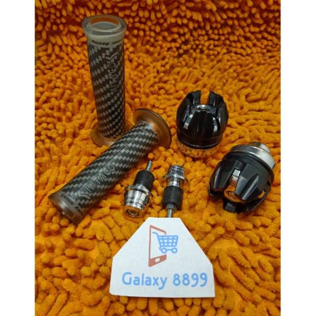 Handgrip karbon kitaco + Jalu As roda depan + Jalu stang silver universal