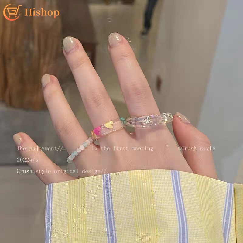 3pcs / Set Cincin Manik-Manik Mutiara Resin Akrilik Bentuk Hati Warna-Warni Transparan Untuk Wanita