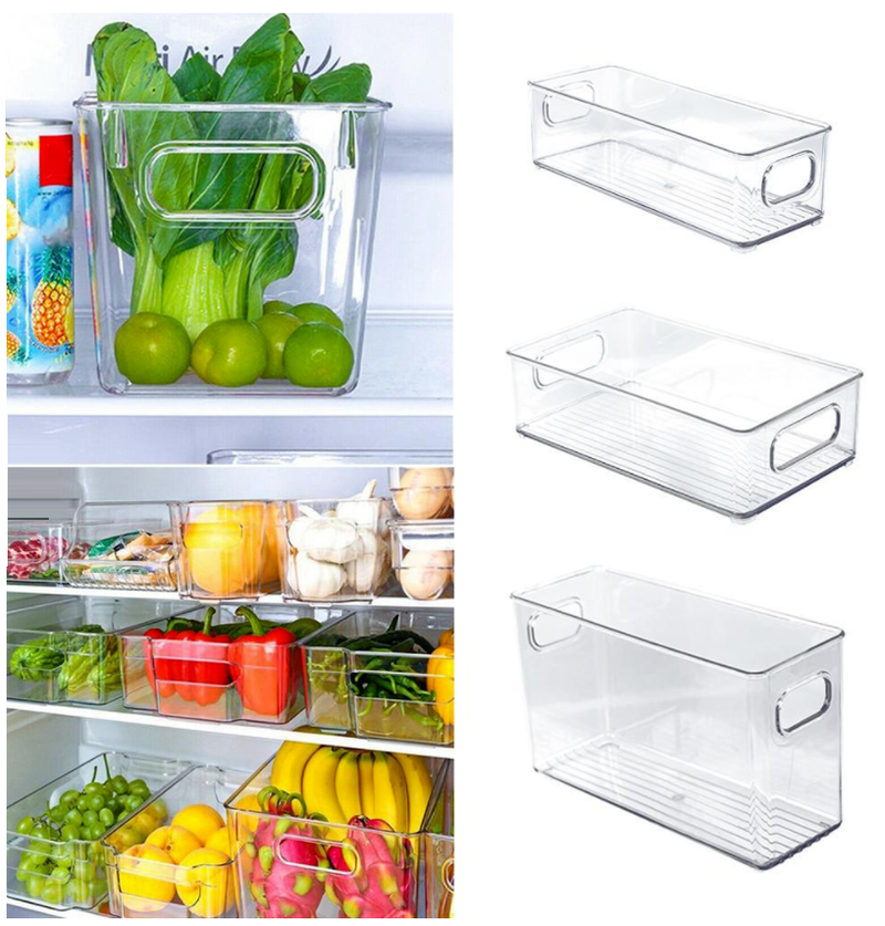 Clear Refrigerator Organizer Stackable Boxes, Kitchen Organizers with Cutout Clear Plastic Handle Pantry Food Storage