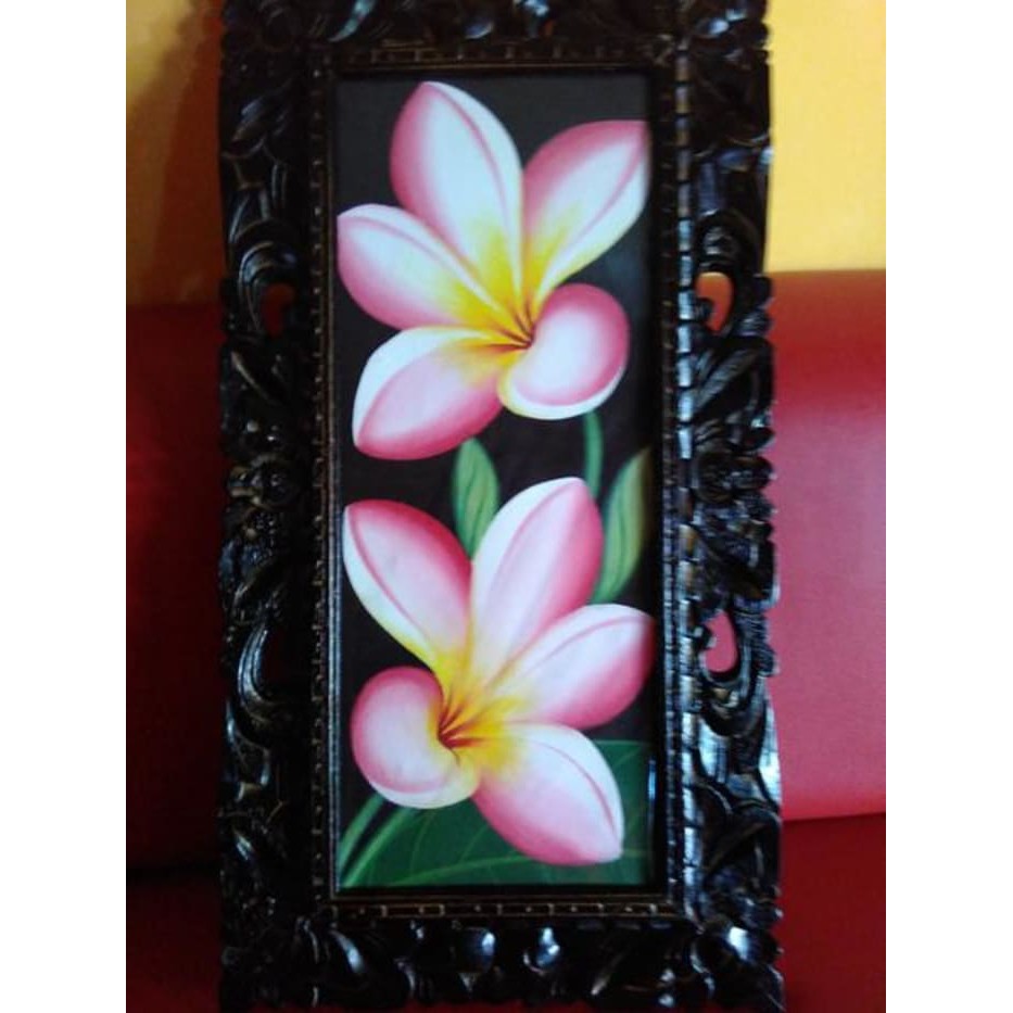 Lukisan Bunga Jepun dan Bingkai Ukiran Bali