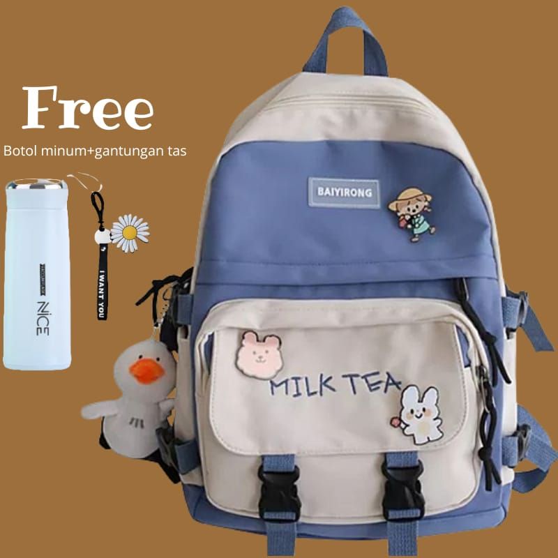 GTB TAS RANSEL WANITA TERBARU MODEL KOREA KANVAS BACK TO SCHOOL TAS WANITA MILK TEA  INCLUDE / BROS Tas Kekinian Tas Casual