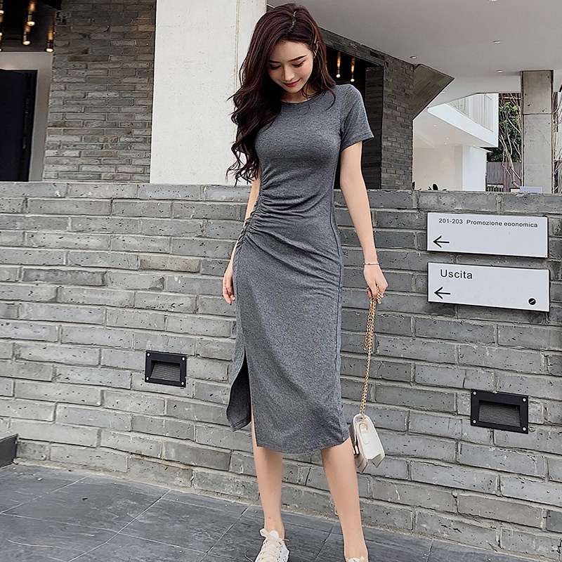 Dress Wanita Celah Baru Lengan Pendek Lengan Pendek Lutut Dress Panjang Sedang