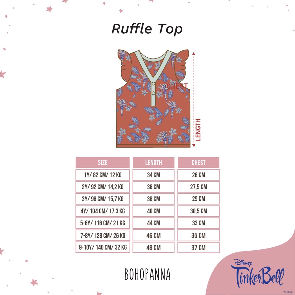 Bohopanna - Ruffle Top Disney Tinkerbell / Atasan Anak Perempuan 1 Tahun - 10 Tahun