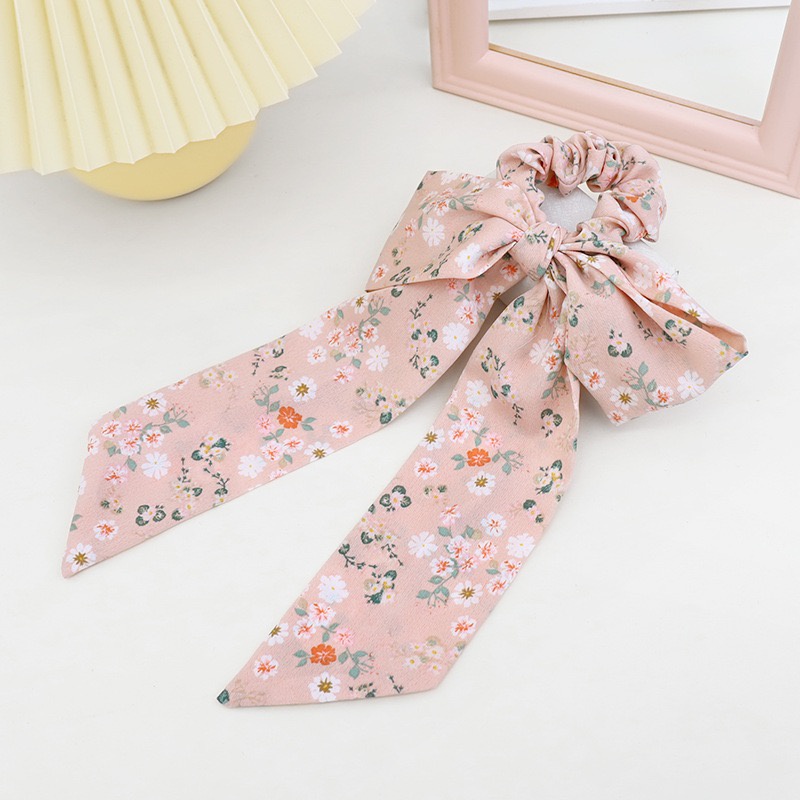 Ikat Rambut Srunchie Kain Model Pita Dengan Motif Bunga-Bunga Lucu Korean Import-FS-18 #3 Pink
