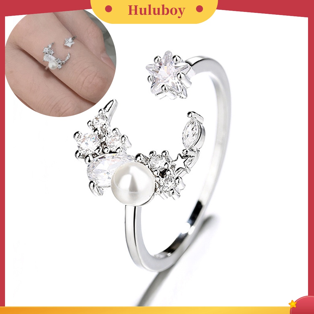 Hu Hu Hu Hu Hu Alat Bantu Pasang Kacamata♡ Cincin Open Ring Adjustable Desain Bulan Bintang Hias Cubic Zirconiamutiara Imitasi Untuk Wanita