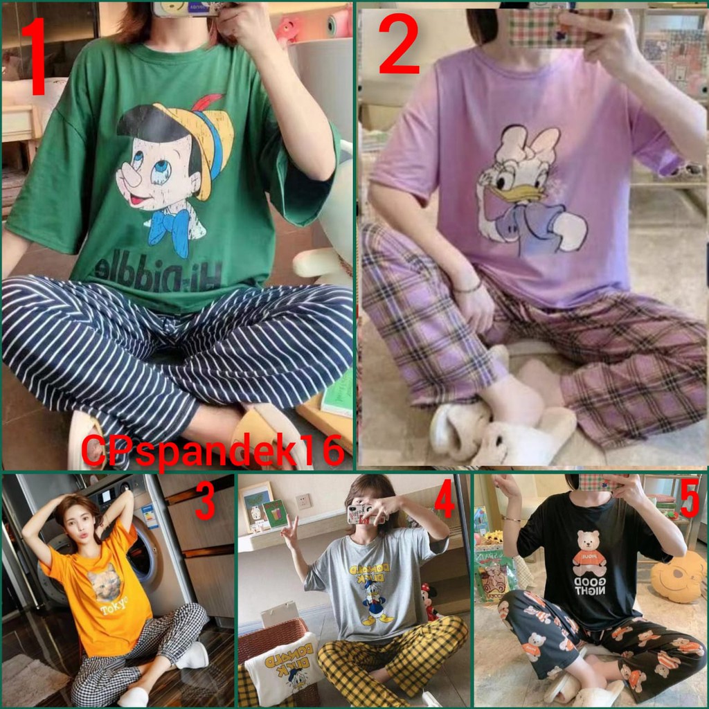 Baju tidur piyama bahan spandek import lengan pendek celana panjang CPspandek16