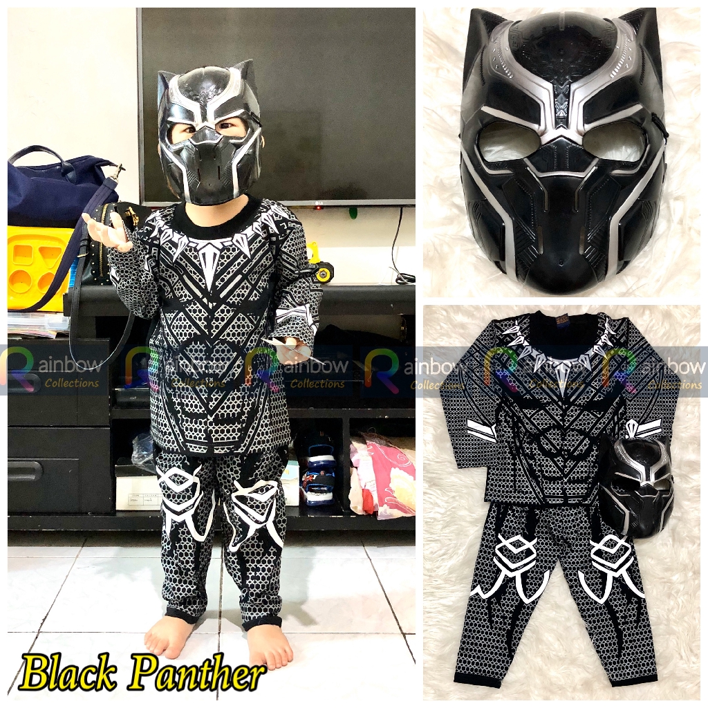 SETELAN ANAK KOSTUM (SABLON) + TOPENG SUPERHERO BLACK PANTHER