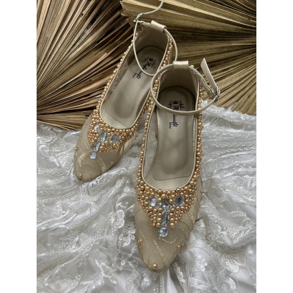 sepatu wedding wanita sayfira gold tali 5cm kaca