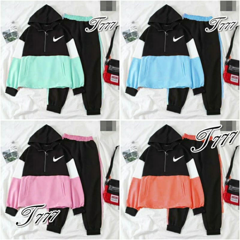 stelan hoodie wanita nikie lq/pakaian wanita set 2in1 sweater hoodie dan celana trainning