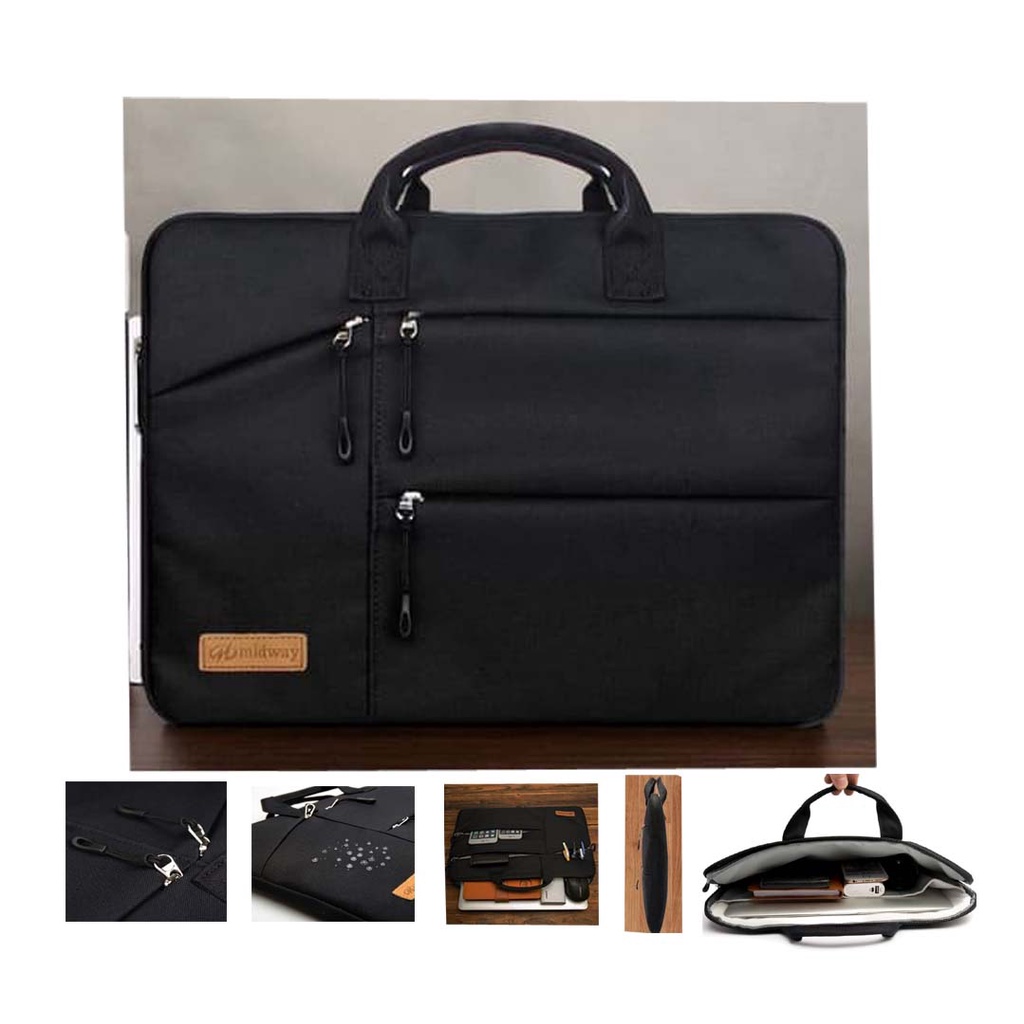 Tas Laptop /Macbook Midway Black Multi Pocket with Hand Strap 15 16 inch