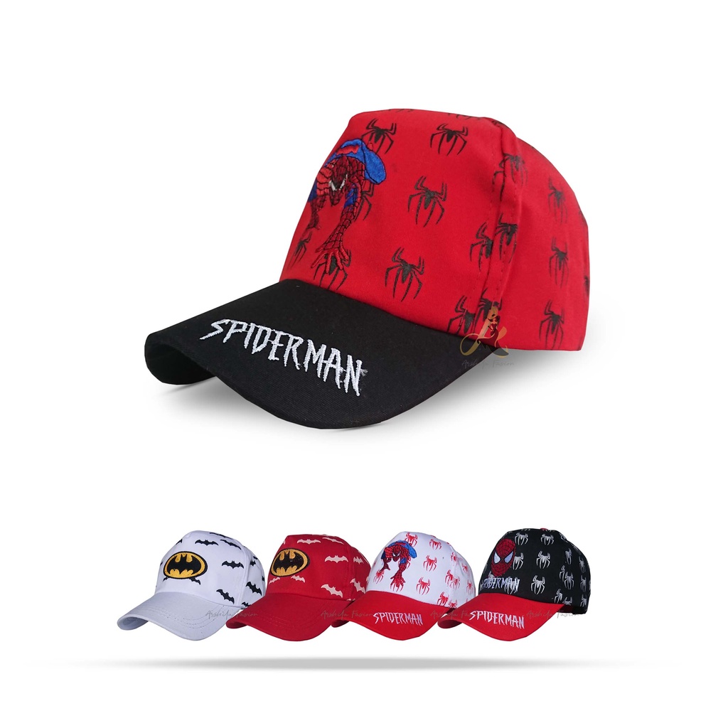 Topi Anak Kombinasi Bordir Dan Sablon Super Hero 003 / Topi Anak Hero-Spderman Merah-Hitam