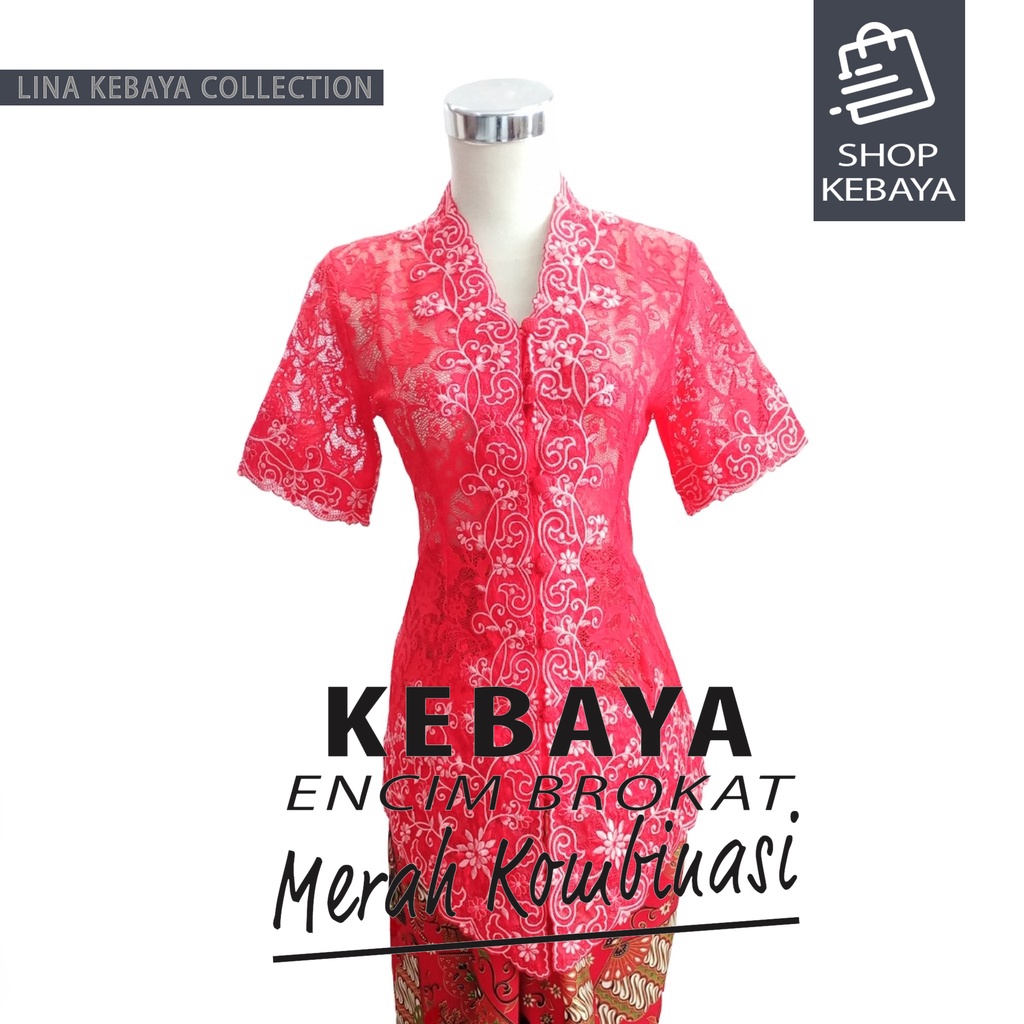 Kebaya Encim Kartini Brokat Modern Merah Kombinasi Lengan Pendek
