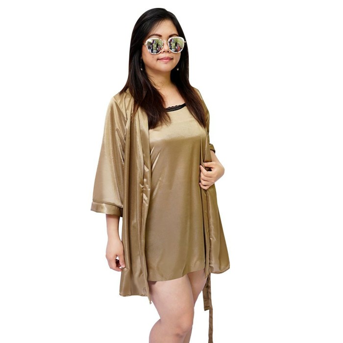 Setelan kimono set baju jubah tidur satin gold big size XL jumbo