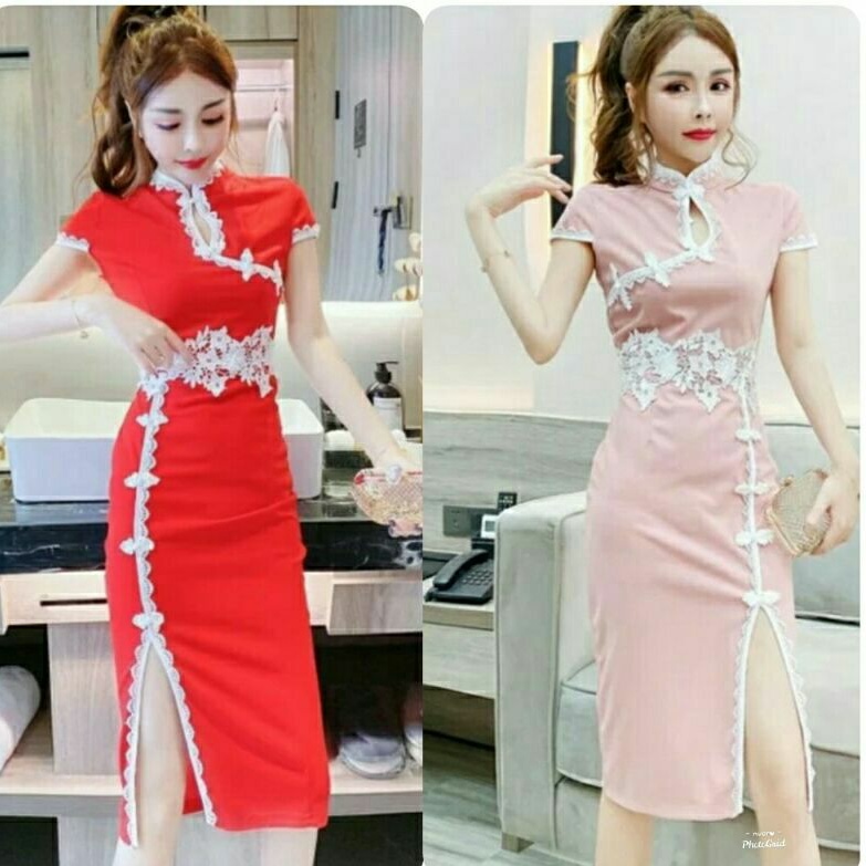 0984 Baju dress cheongsam imlek merah wanita import baju bodycon dress cheongsam pesta imlek chinese