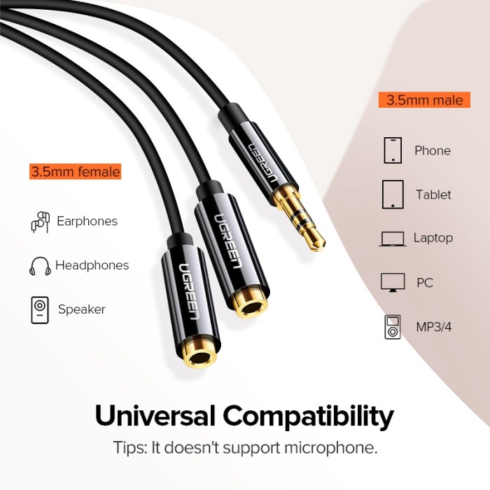 UGREEN Kabel Audio Splitter Y Headset Jack 3.5mm AUX 1 to 2 Earphone