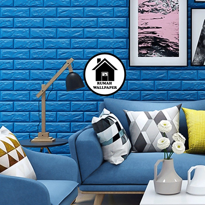 RW Wallpaper Foam Biru Tua Bata 3D Bata Warna Biru Tua Premium Wall Paper Sticker Tebal 3MM