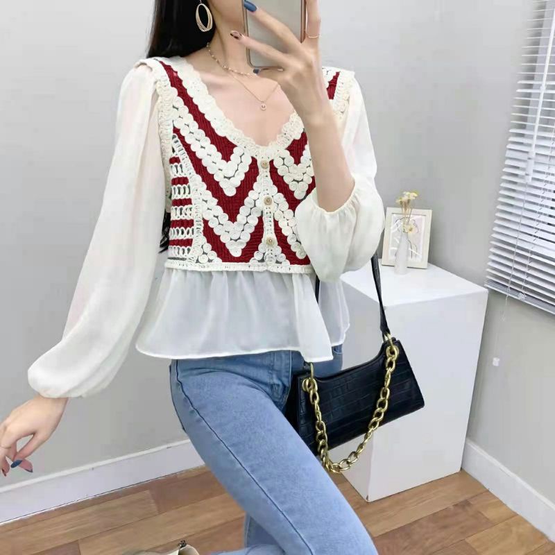 65110 Baju blus blouse blose blousecrop rempel lengan puff kerah Vi depan motor garis segitiga sifon