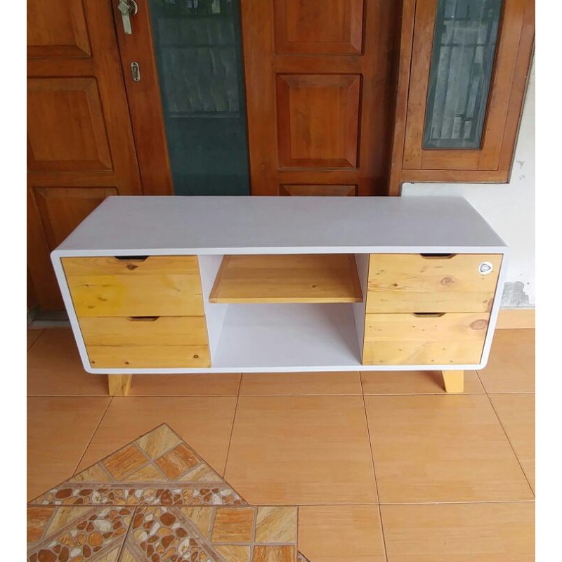 Meja TV Kayu Jatibelanda / Kayu bekas palet/ warna kombinasi putih dan natural plitur (bisa custom)