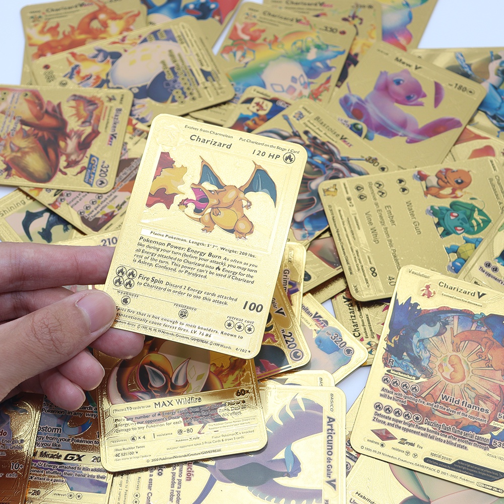 55pcs / Lot Kartu Pokemon Gold Bahasa Inggris Spanyol Bahan Metalicas Charizard Vmax Gx