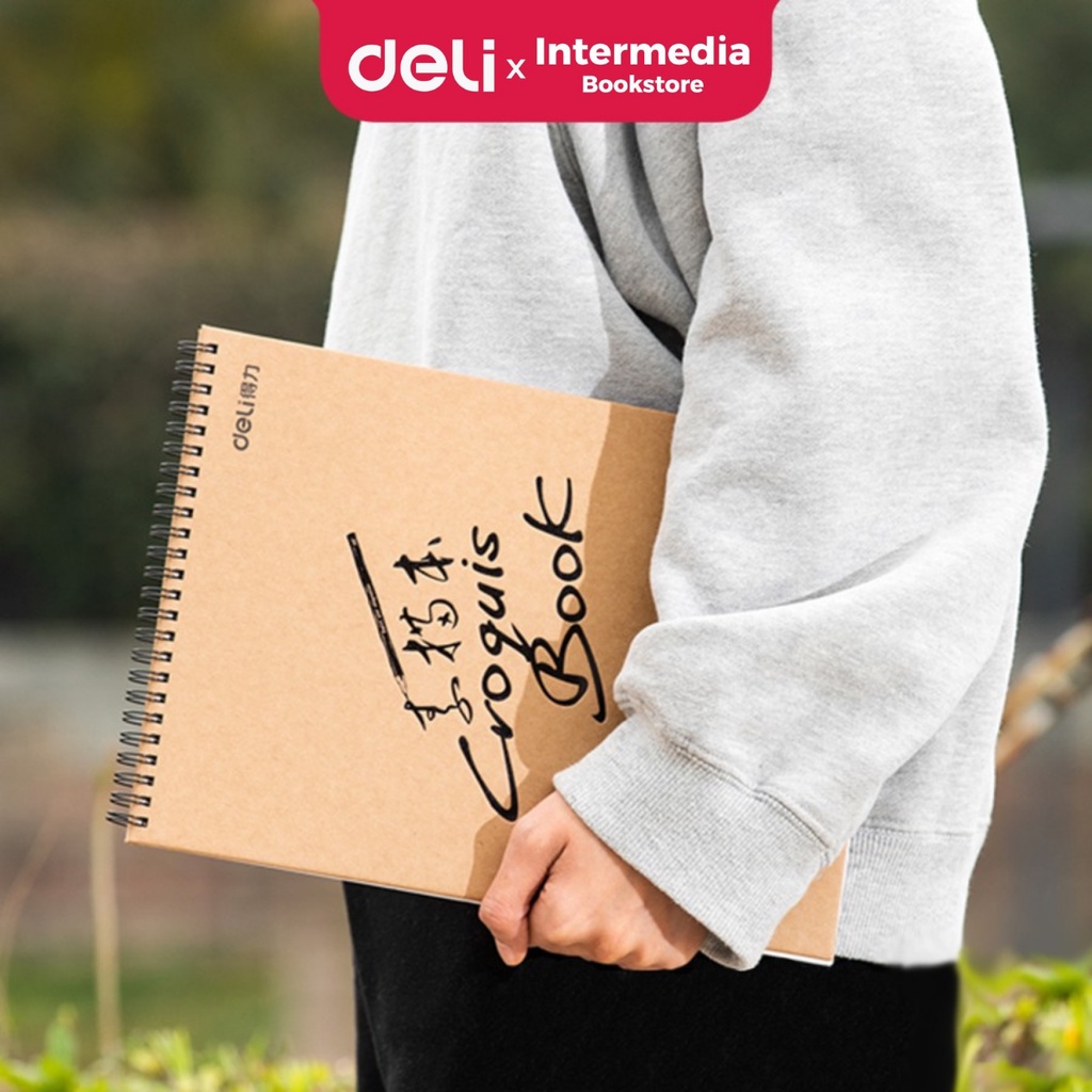 

Deli 73357 sketch book hard cover A4 40 lembar, buka vertikal atau diputar