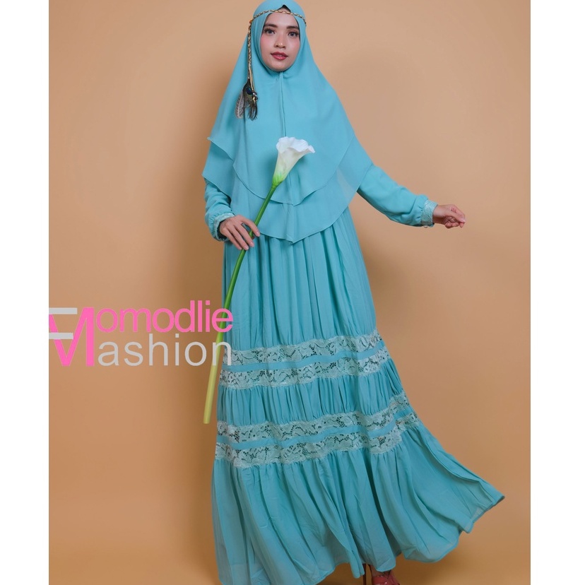 GAMIS SET KHIMAR SYARI POLOS BAHAN CHIFFON GAMIS RENDA BY MOMODLIE FASHION, GAMIS MURAH WARNA MINT