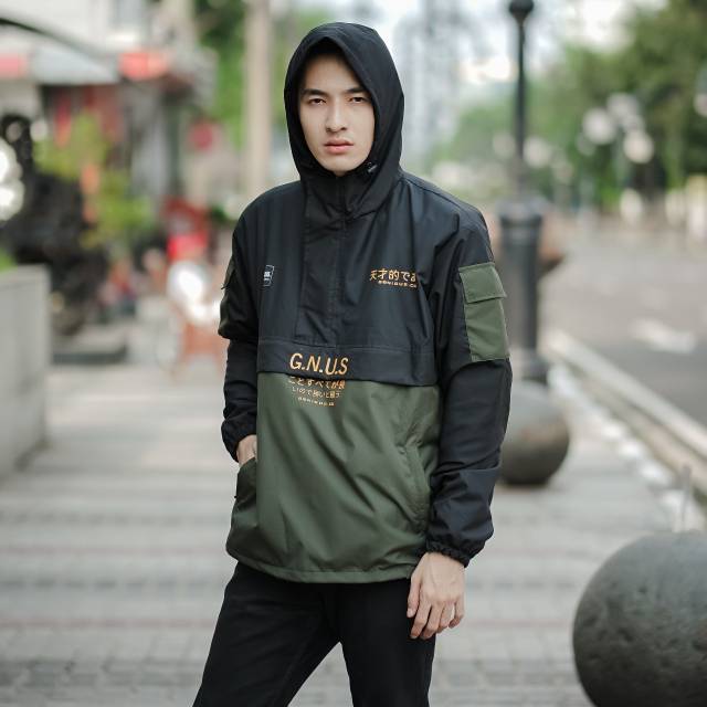 GENIOUS Jaket Cougle Hitam Hijau Jaket Parasut Pria