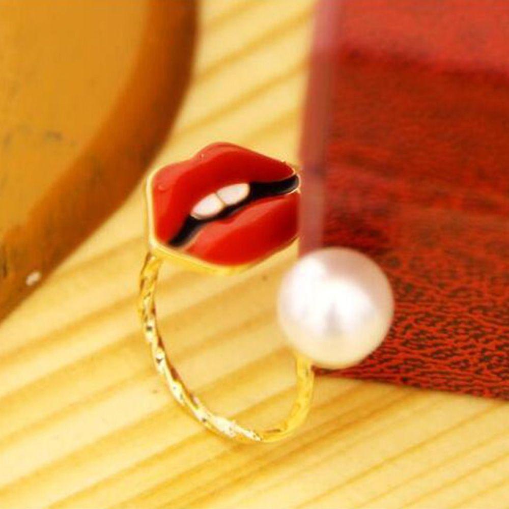 Mxbeauty Cincin Knuckle Adjustable Desain Gigi Bibir Merah Hias Mutiara Untuk Wanita