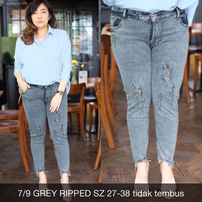 Celana Jeans Abu-abu- Ripped Jeans 7/9 Grey- Jeans Sobek Kecil