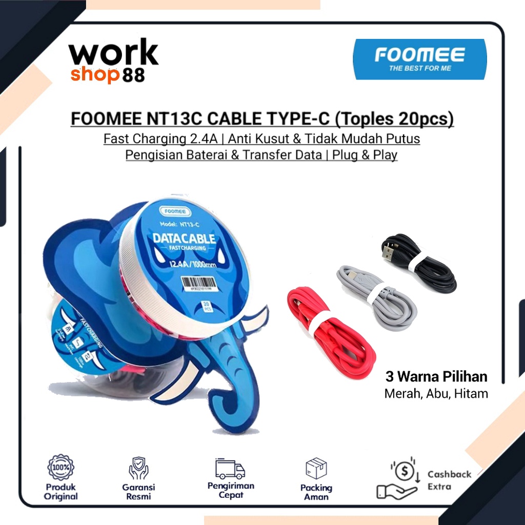 Produk Baru Paket Reseller - FOOMEE NT13C Fast Charging 2.4A Type-C ( 1 Toples isi 20pcs ) - New Ori