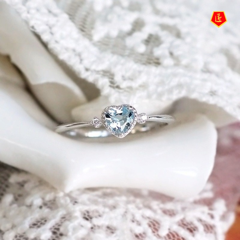 [Ready Stock]Women's Inlaid Navy Blue Topaz Heart-Shaped Ring Simple and Elegant