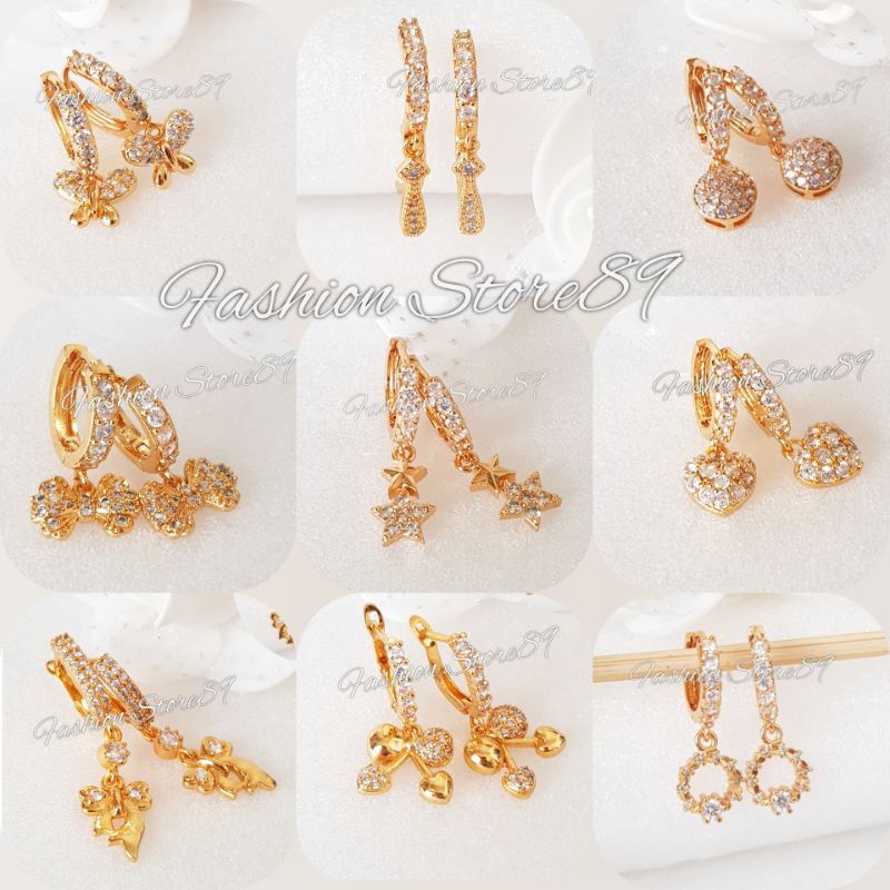 import Anting Xuping All Varian Impor bestseller Love Bunga Bingang Full Permata Perhiasan lapis emas 18k Anting Jurai jepit Impor Dewasa