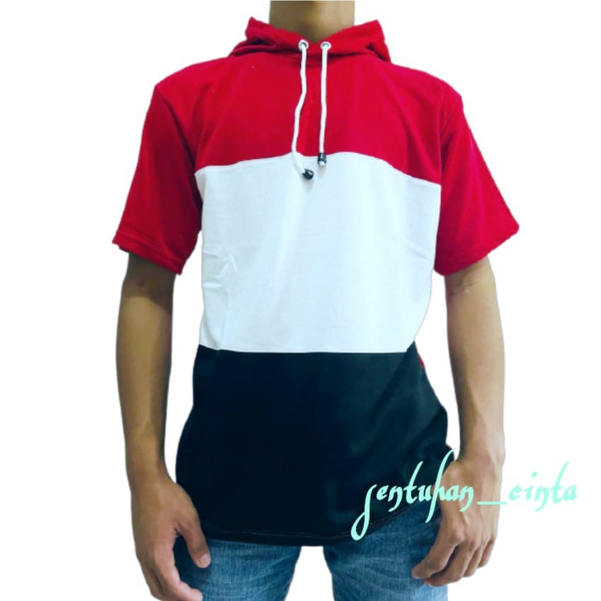 kaos hoodie lengan pendek kaos bertopi polos lengan pendek motif tiga warna