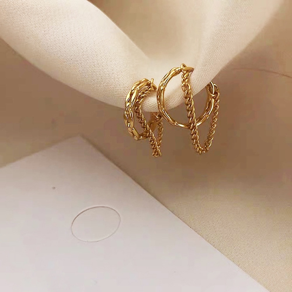 Needway  Gift Clip on Earrings Fashion No Piercing Ear Cuffs Women Chain Party Gold Plated Double Layer Girl Hollow