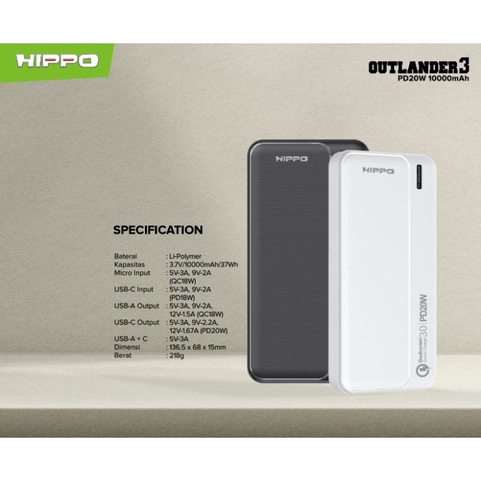 Hippo Power Bank Outlander 3 PD 10000 - 20000 Mah PD Fast Charging