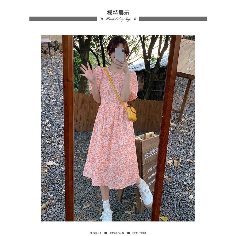 [littlecrab] Dress Bunga Oren Aesthetic Orange Flower Long Dress With Pearl Dress Panjang Model Tradisional Simple Elegan Berkualitas Korean Style Chinese Modern Dress Lengan Pendek Model Bunga Bunga Simple