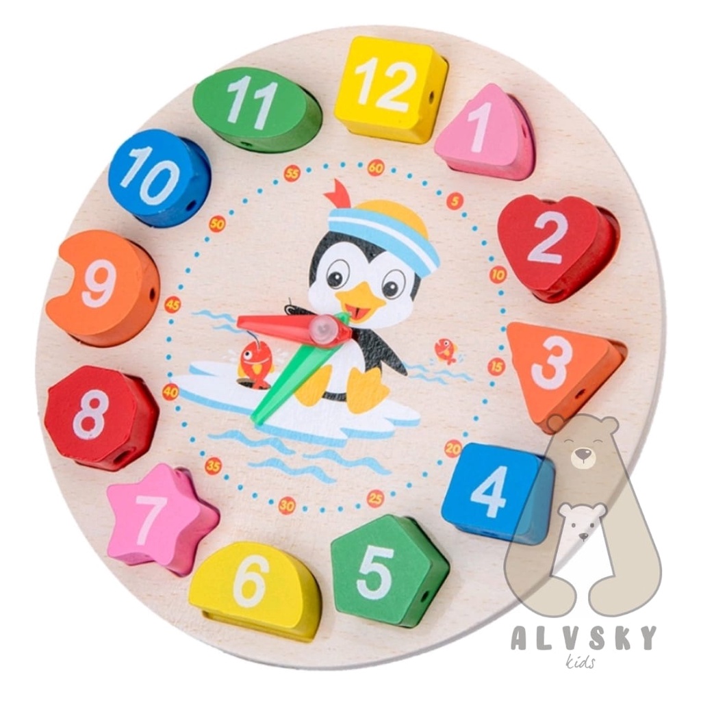 MAINAN EDUKASI ANAK JAM KAYU / WOODEN CLOCK PUZZLE GEOMETRI MERONCE