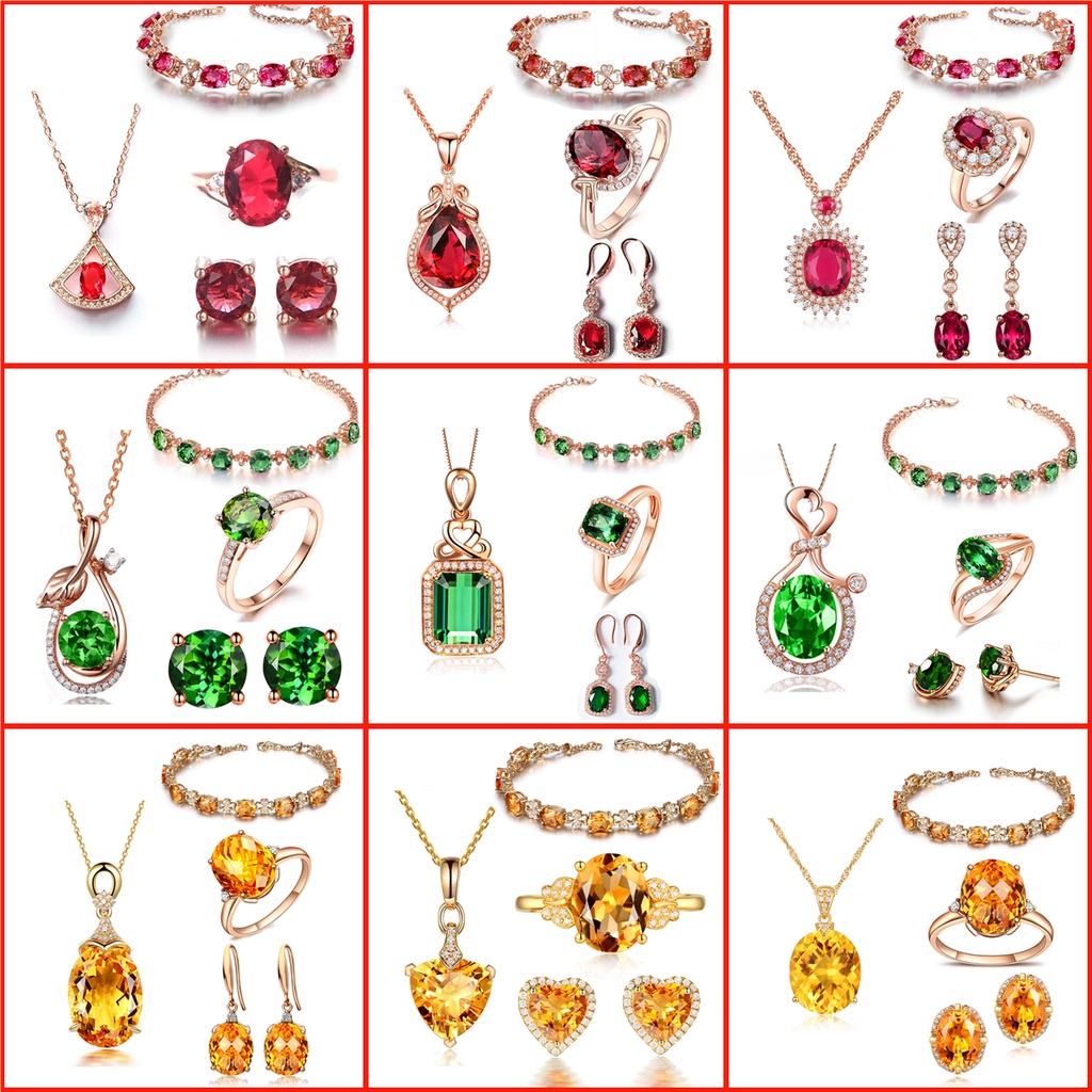 Set Kalung + Gelang + Cincin + Anting Gantung Sterling Silver 925 Rose Gold Dengan Kristal Ruby Untuk Wanita