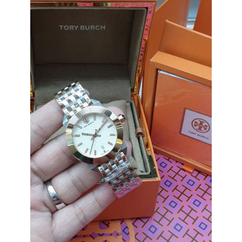 JAM TANGAN WANITA CEWEK MEREK TORY BURCH COMBI ROSE DIAL WHITE 34MM ORIGINAL SET BOX