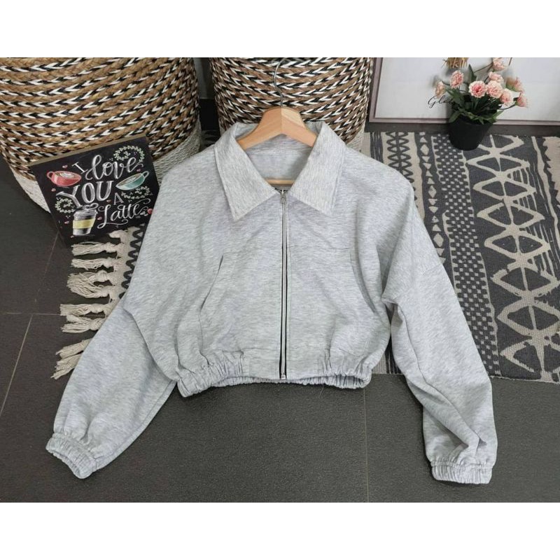 Sweater Vada Collar Jacket Crop - Style Korea - jacket Varsity bahan Fleece - terlaris-Grey