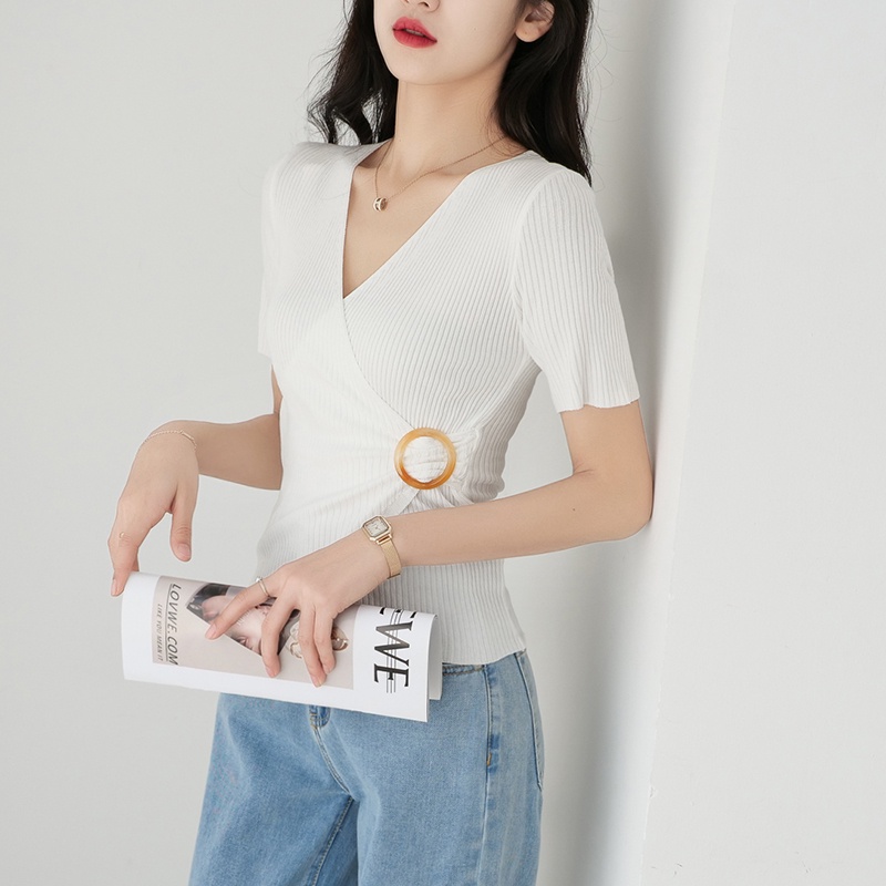 【Elegant】V-neck Irregular Slim Knit T-Shirt 7376