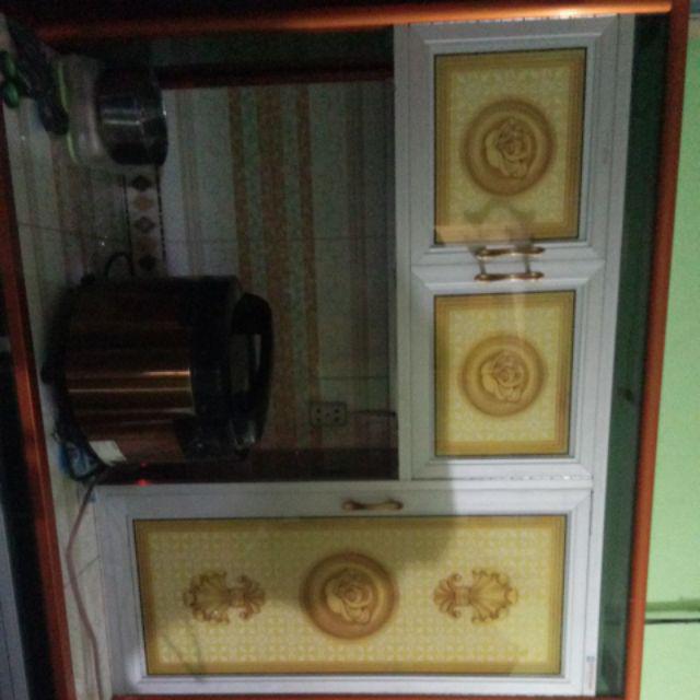 Rak Piring 3 Pintu Gendong Kaca Lukis Full Colour + Roda jumbo Tiang Besar (promo Harga)