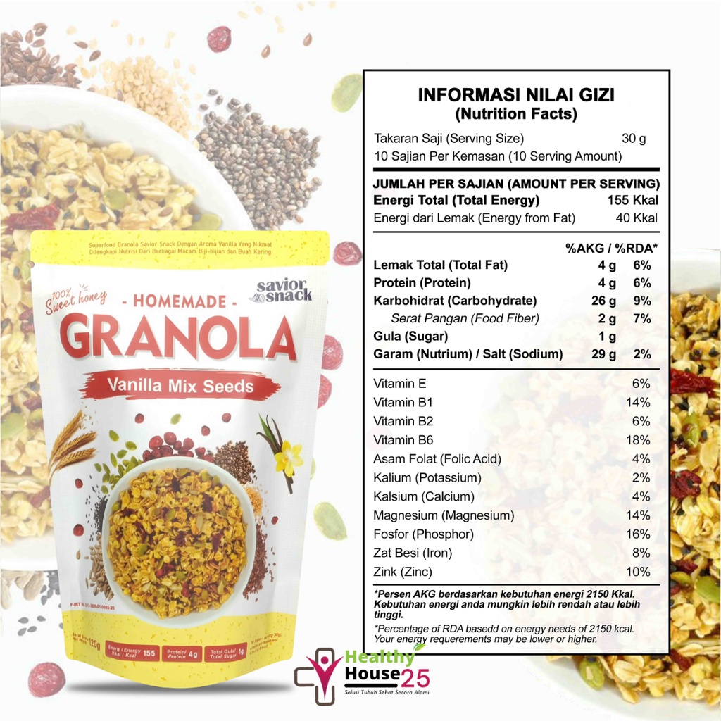 GRANOLA VANILA MIX SEEDS CRUNCHY - SEREAL MAKANAN SEHAT SARAPAN PRAKTIS BERGIZI TINGGI NUTRISI BAHAN ORGANIK ALAMI TANPA PENGAWET - HIGH QUALITY - SAVIOR SNACK - GRANOLA  SWEET HONEY 120g