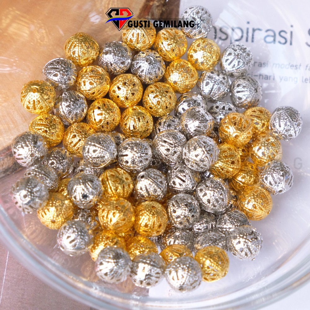 ISI 6 Roundel Bola Jaring GOLD SILVER HOLLOW BEAD METAL 10MM