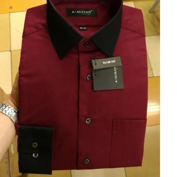 {{DISKON}} Kemeja Pria Alisan Panjang Slimfit Merah Maroon Kerah Hitam - Siap Kirim