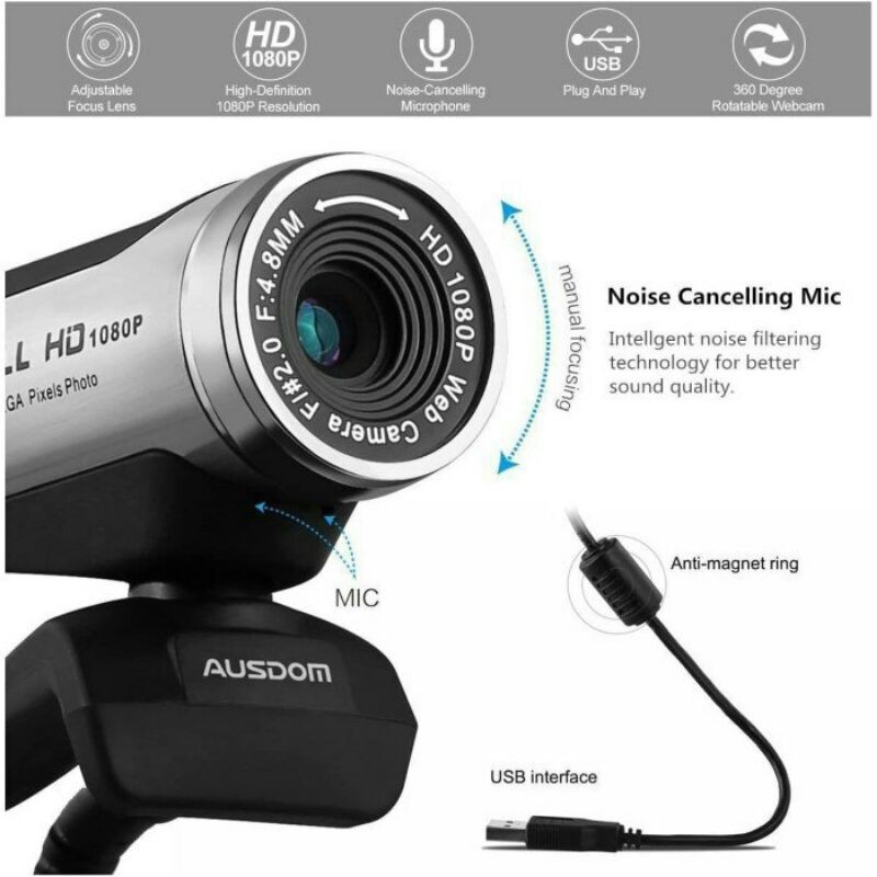 Ausdom AW615 Webcam 1080P Perak Plug & Play